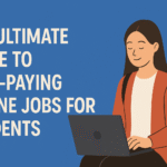 Happy student working on a laptop at home with icons for freelance writing, tutoring, and design representing high-paying online jobs for students.