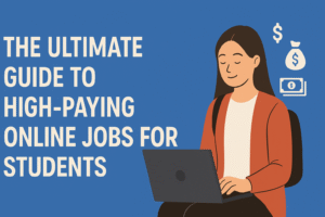 Happy student working on a laptop at home with icons for freelance writing, tutoring, and design representing high-paying online jobs for students.